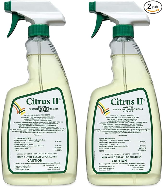Citrus II Hospital Germicidal Deodorizing Cleaner - Fresh Citrus Scent - Disinfecting Spray- for Home, Hospital and Office Surfaces and Supplies - 22 Fl Oz - Pack of 2
