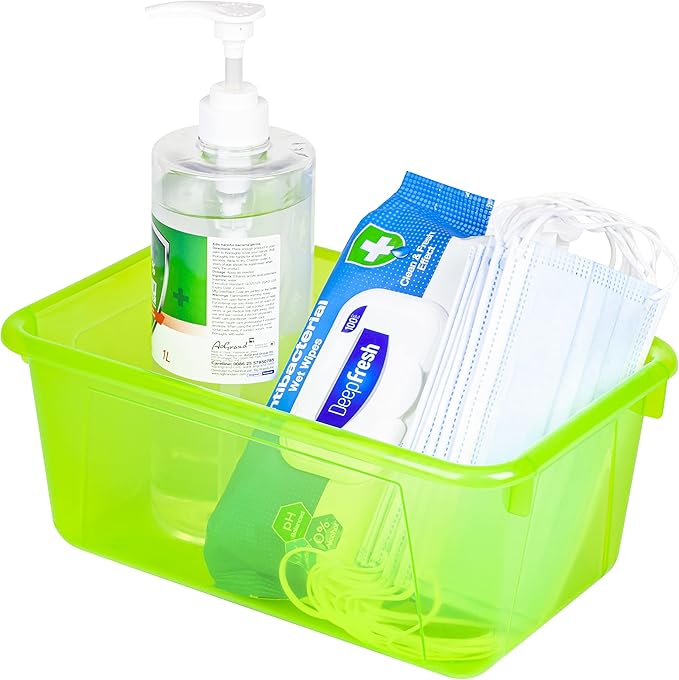 Storex Small Cubby Bins – Plastic Storage Containers for Classroom with Non-Snap Lid, 12.2 x 7.8 x 5.1 inches, Tint Green, 5-Pack (62483U05C)