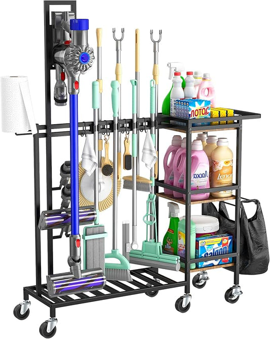 Housolution Cleaning Utility Cart on Wheels, Multifunctional Cleaning Tools Supplies Organizer with Broom and Mop Holder, Vacuum Stand Compatible with Dyson, Rolling Storage Cart for Home