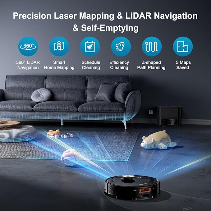 MAMNV Robot Vacuum and Mop, 11500 Pa Suction, 3-in-1 Robotic Vacuum with Smart LiDAR Navigation, 90 Day Self-Emptying,160 Min Runtime,App/Alexa/Voice Control, Ideal for Pet Hair, Carpet & Hard Floor