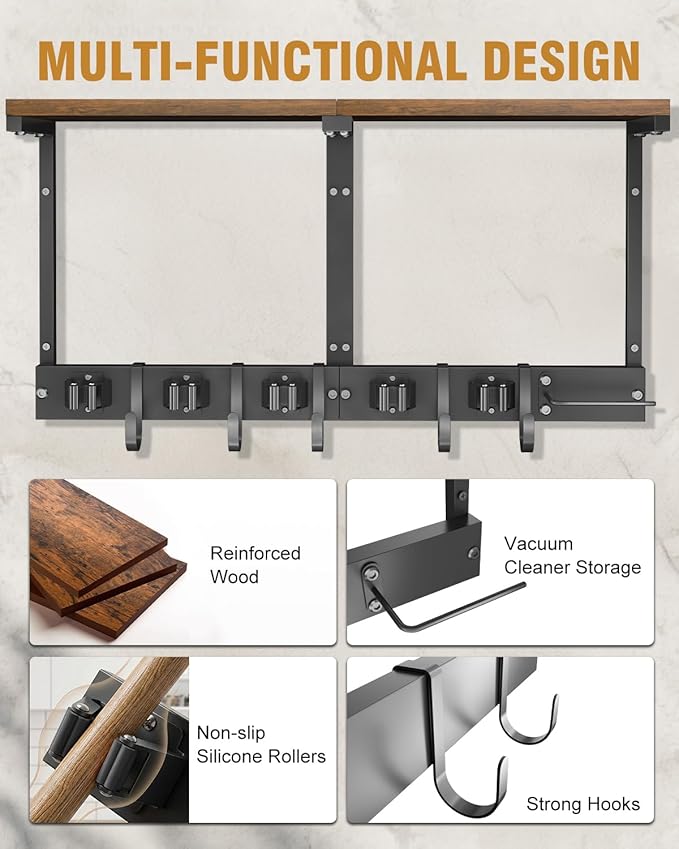 Broom Holder Wall Mount with Top Wooden Shelf, Heavy Duty Metal Cleaning Supplies Broom Hanger with Vacuum Organizer and 5 Slots & 5 Hooks for Laundry Garage Tool Storage Kitchen (Large)