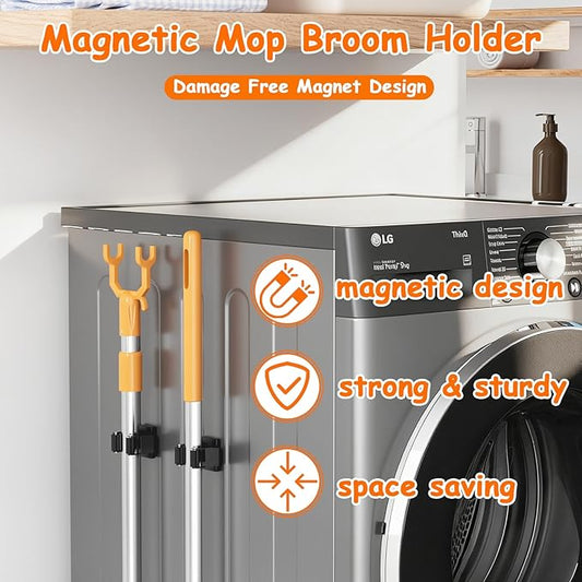 4 Pack Strong Magnetic Mop Broom Holder, Heavy Duty Magnetic Broom Mop Hanger for Cleaning Tools, Wall Mounted Mop Broom Holder for Laundry Garage Kitchen Workshops Shed