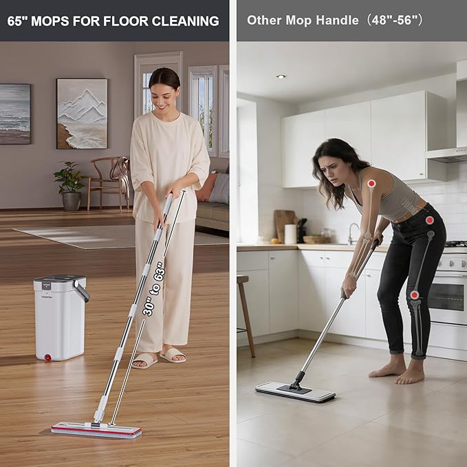 Mop and Bucket Set, 3-Tank Flat Mop and Bucket System for Separate Dirty & Clean Water, 65" Mops for Floor Cleaning with 8 Washable Pads, Safe for Hardwood, Vinyl, Tile, Baseboards, Walls