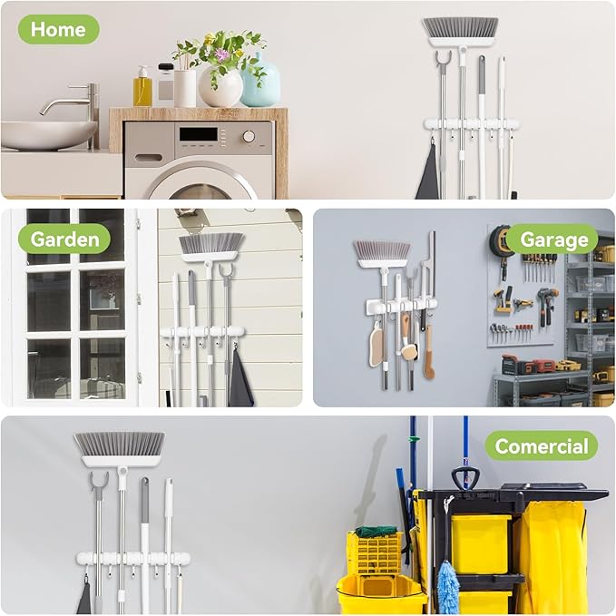 OTraki Broom Holder Wall Mount, Heavy Duty Wood Mop and Broom Organizer with 5 Slots and 4 Hooks, Garden Tool Hanger for Laundry Room Closet Kitchen Garage Storage and Organization