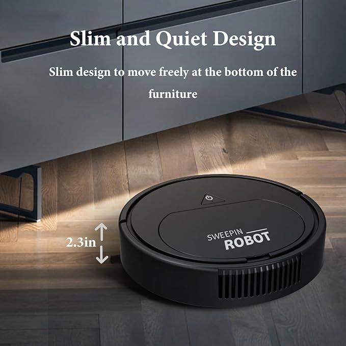 Robot Vacuum Suction Ultra-Strong Suction, One-Touch Start, Slim Design, Rechargeable, Ideal for Hardwood Floors,Pet Hair Specialist Robot Vacuum with Tangle-Free Brushroll (Black)
