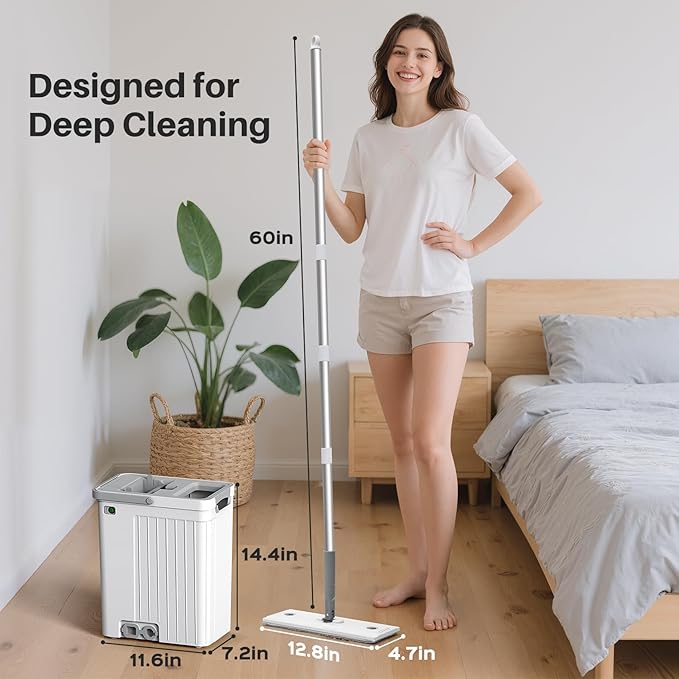 Mop and Bucket Set with AUTO Pump, 3-Zone Separate Dirty and Clean Water Floor Mop, Flat Mop and Bucket System with Wheels and Wringer, 4 Reusable Pads, One-Touch Water Filling for Floor Cleaning