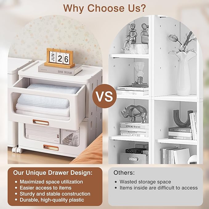 VECELO Stackable Storage Drawers Cabinet with Wheels, Storage Bins Pull Out, Waterproof Drawer Closet Organizer, Multi-Tier Stackable Design for Bedroom/Livingroom/Bathroom, Large, 1-Tier