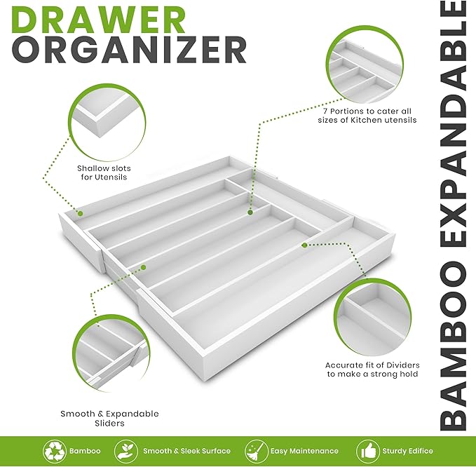Utopia Kitchen Expandable Bamboo Utensil Drawer Organizer, Silverware Organizer for Cutlery, Flatware Holder (5-7 Slots, White) - Pack of 1