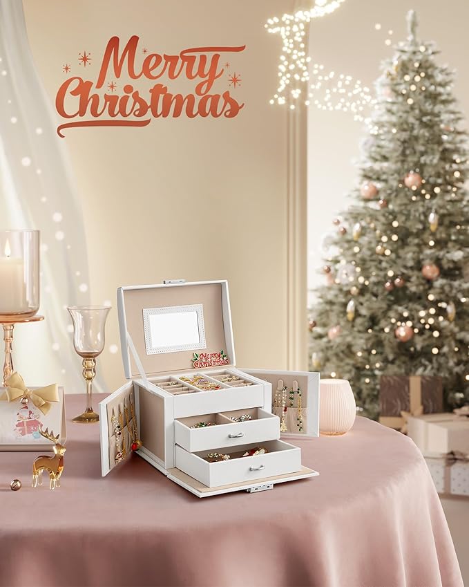 SONGMICS 3-Tier Jewelry Box, Travel Jewelry Case with Handle, 2 Drawers, Lockable Jewelry Organizer with Mirror, Jewelry Storage, Modern Style, Gift for Loved Ones, White UJBC154W01