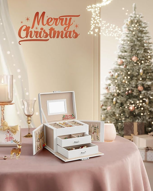 SONGMICS 3-Tier Jewelry Box, Travel Jewelry Case with Handle, 2 Drawers, Lockable Jewelry Organizer with Mirror, Jewelry Storage, Modern Style, Gift for Loved Ones, White UJBC154W01
