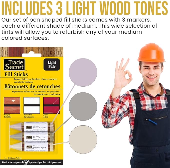 Wood Scratch Repair Fill Stick for Light Surfaces (Set of 3), Great for Touch-Ups and Repairs on Hardwoods Floors, Furniture, Cabinets and Plastic Surfaces.
