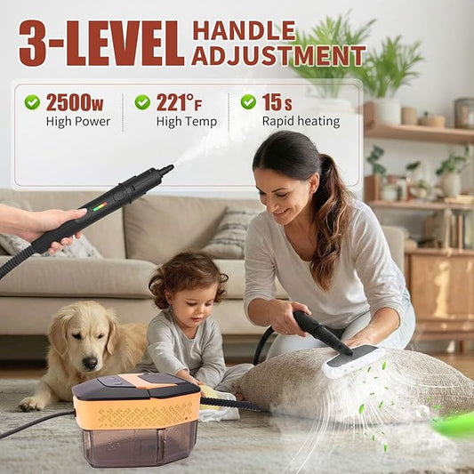 Steam Cleaner,3-Level Adjustable Handle,15s Heat-Up,60.87oz Tank,2500W Portable Steamer for Cleaning with 10PCS Accessories,Steam Cleaner for Home,Car,Kitchen,Floor, Carpet, Tiles, Grout, Grease, Dirt