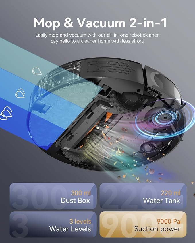 Robot Vacuum and Mop Combo, LiDAR Navigation with Ultra Slim Design, Smart Mapping Robotic Vacuum Cleaner, 9000Pa Suction, Customizable Cleaning for Pet Hair, Carpets, and Hard Floors
