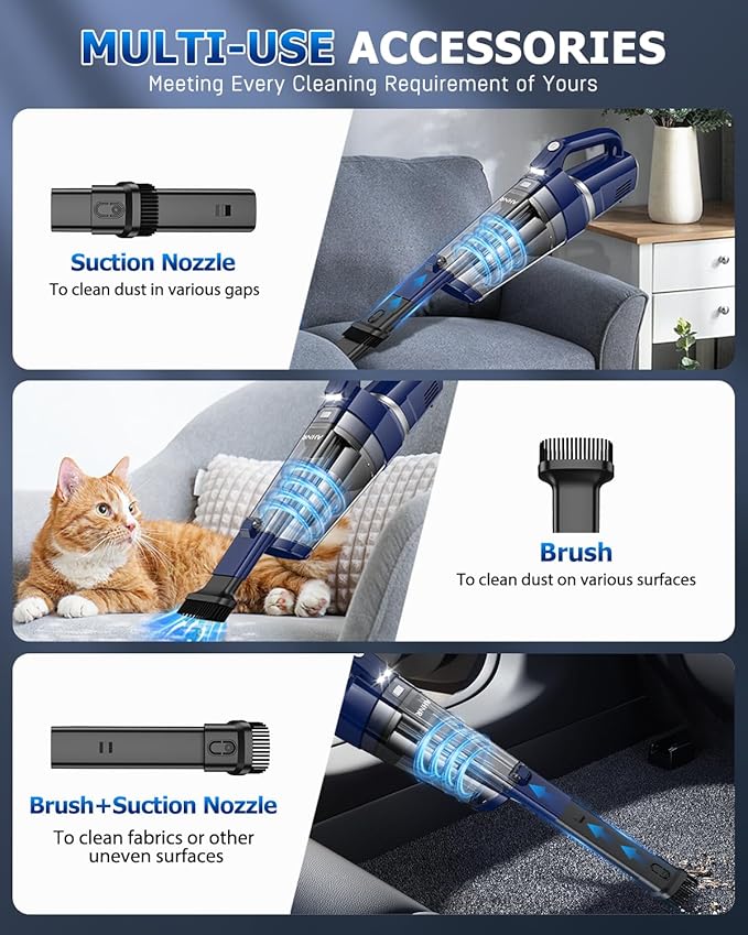 AHNR Handheld Vacuum Cordless, 16000PA Powerful Suction Hand Held Vacuum Dust Busters Cordless Rechargeable with LED Light & 2 HEPA Filters, Portable Car Vacuum Cleaner High Power for Car Home Office