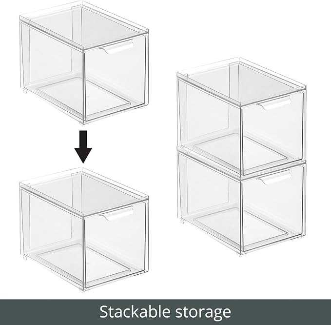 mDesign Plastic Bathroom Organizer Bin w/Pull Out Drawer - Slim Stackable Storage Container for Bathroom Accessories - Perfect for Organizing Bathroom Cabinet - Lumiere Collection - 2 Pack - Clear