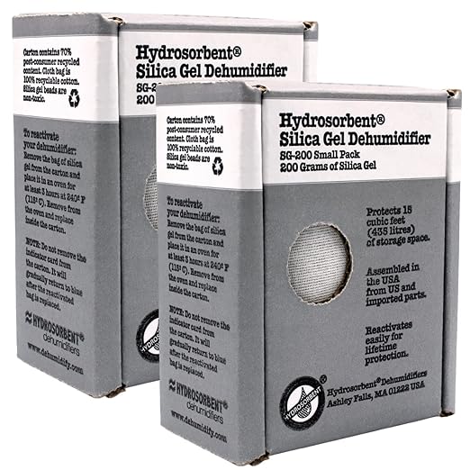 HYDROSORBENT® Silica Gel Dehumidifier (200gm - 2 Pack) - Silica Gel Packets w/Built-in Color Changing Indicator for Reactivation - Carton Moisture Absorbers for Food Storage -Desiccant Dehumidifier