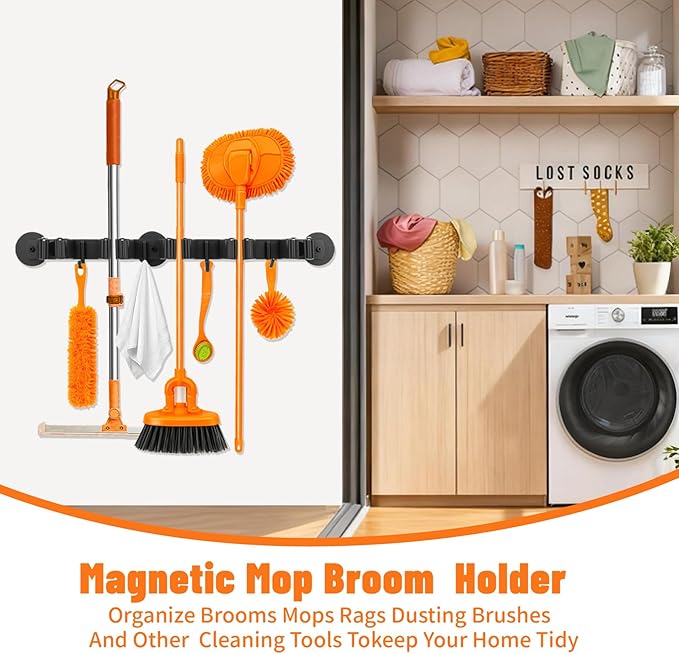 Magnetic Broom Holder Wall Mount with 4 Hooks and 5 Rack- Heavy Duty Non-Slip Mop Hanger for Wet Mops&Cleaning Tools on Refrigerator,Metal Door,Garage,Kitchen,Laundry Room