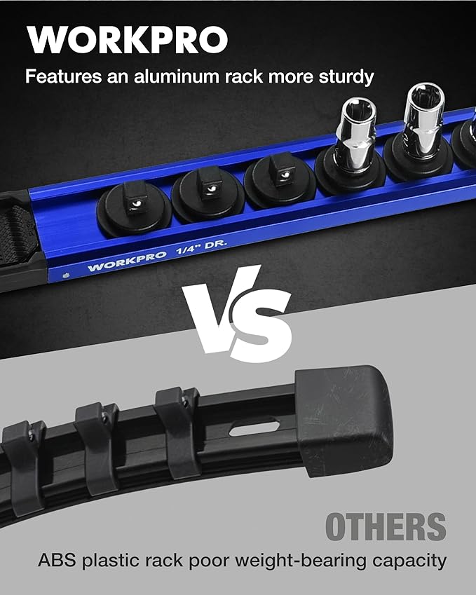 WORKPRO Magnetic Socket Organizer Set, 1/2" 3/8" 1/4" Drive Aluminum Alloy Socket Holder with Removable Socket Clip for Quick Customization, 3PC Socket Rail for Tool Box Drawer (Sockets Excluded)