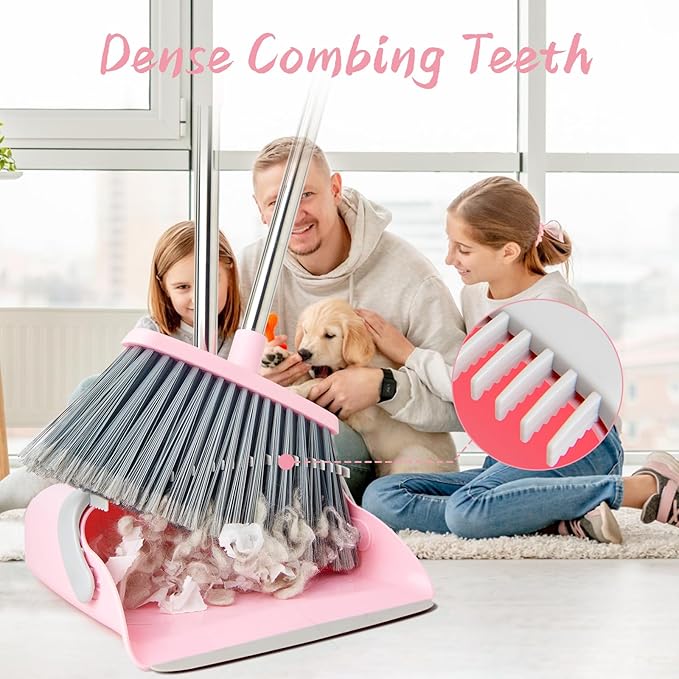 Broom and Dustpan Combo Set, Long Handle and Standing Dust Pan with Comb Teeth, Efficient Floor Cleaning for Kitchen, Outdoor, Dorm, Apartment, Office Lobby (Pink Gray)