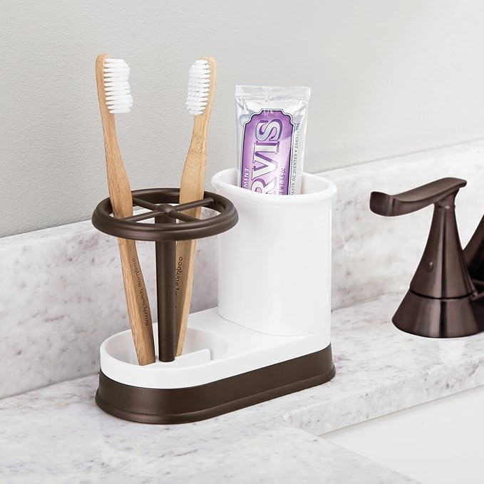 mDesign Decorative Bathroom Dental Storage Organizer Holder Stand for Electric Spin Toothbrush/Toothpaste - Compact Design for Countertop and Vanity, Holds 4 Standard Brushes - White/Bronze