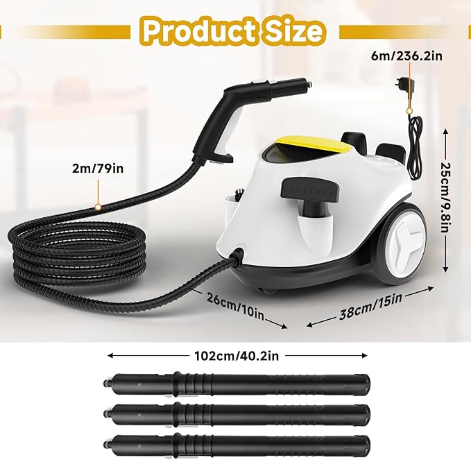 Steam Cleaner,Multipurpose Neat Canister Steamer with 21 Accessories, 5 Mins Heating with 1.5L Tank,Rolling Cleaning Machine for Carpet, Floors,Windows,Mirrors,Glass and Cars (White3)
