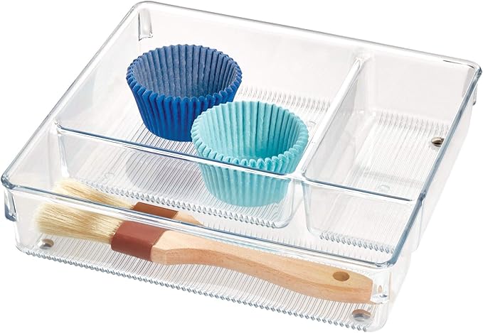 InterDesign Linus Kitchen Drawer Organizer for Silverware, Spatulas, Gadgets - 9" x 9" x 2", Clear