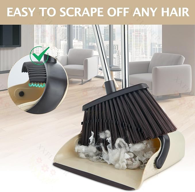 Broom and Dustpan Set with Long Handle, Heavy Dust Broom and Dustpan Combo for Home，Kitchen, Office, Pet Hair(Beige)