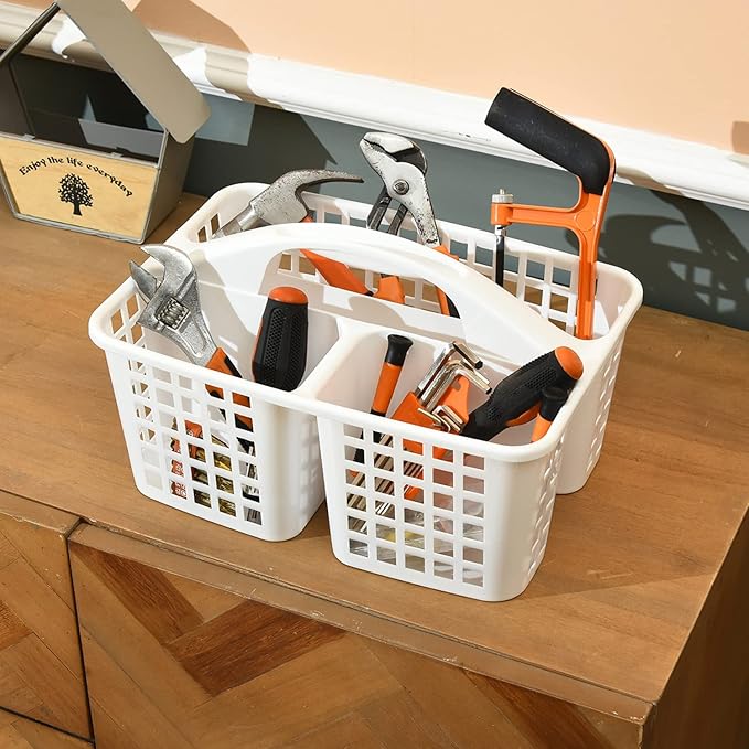 Haundry 3 Compartments Plastic Shower Caddy Basket, Portable Divided Cleaning Supply Storage Organizer with Handle (White)