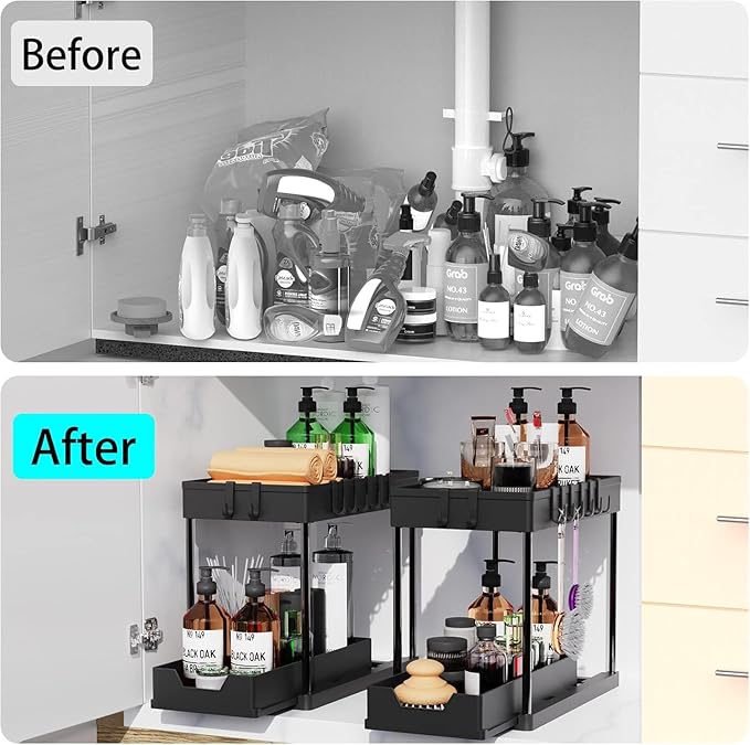 2 Pack Under Sink Organizers and Storage, 2-Tier Sliding Cabinet Basket Organizer with Hooks, Multi-Purpose Under Sink Organizers and Storage for Bathroom Kitchen