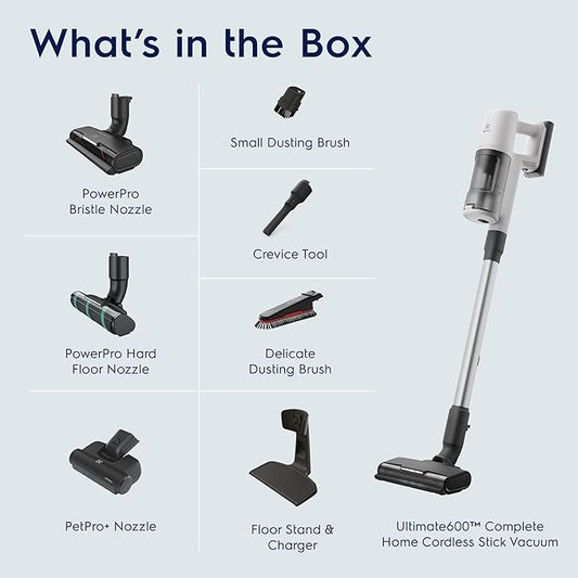Electrolux Ultimate600 Complete Home Cordless Stick Vacuum with 3 Specialized Nozzles (Multi-Surface, Hard Floor & Pet), 50-Minute Run Time, 3 Power Modes, White