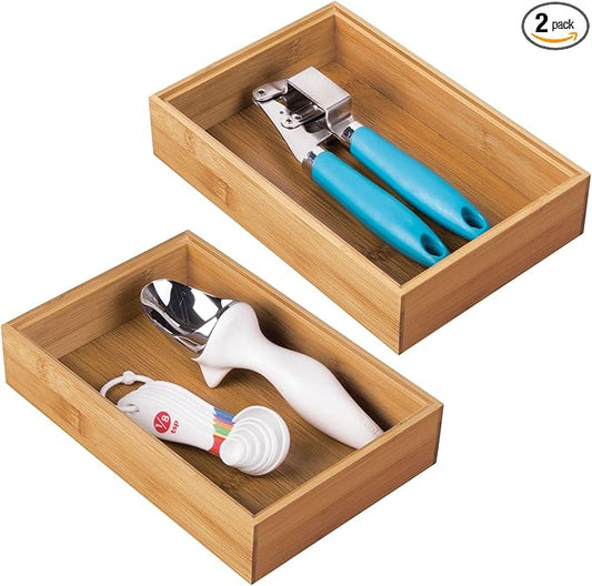 mDesign Pack of 2 Functional Drawer Organiser — Elegant Bamboo Kitchen Drawer Divider for Cutlery, Silverware, Utensils – Convenient Drawer Separator – Light Brown