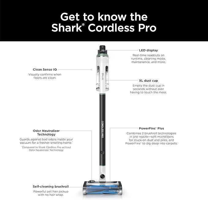 Shark Cordless Pro Vacuum with Clean Sense IQ and Odor Neutralizer, PowerFins Plus Brushroll, Includes Duster Crevice Tool, Up to 40 Minute Runtime, Without MultiFLEX, IZ562H