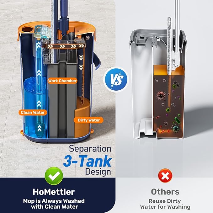 Mop and Bucket Set with Wringer, 3-Tank Flat Mop and Bucket System, Wall Mop Cleaner with Long Handle, Hands Free Mops for Floor Cleaning with 8 Microfiber Pads