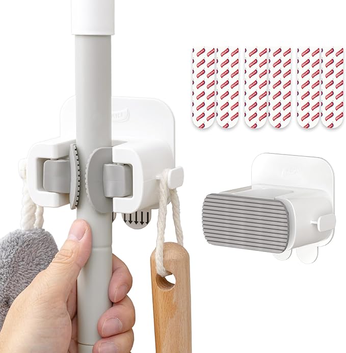TAILI Mop and Broom Holder Wall Mount Grippers, 2 Hangers and 6 Adhesive Strips, Damage Free Hanging Wall Mount, Household Cleaning Organizer for Organization and Storage, Holds up to 4 lbs, Grey