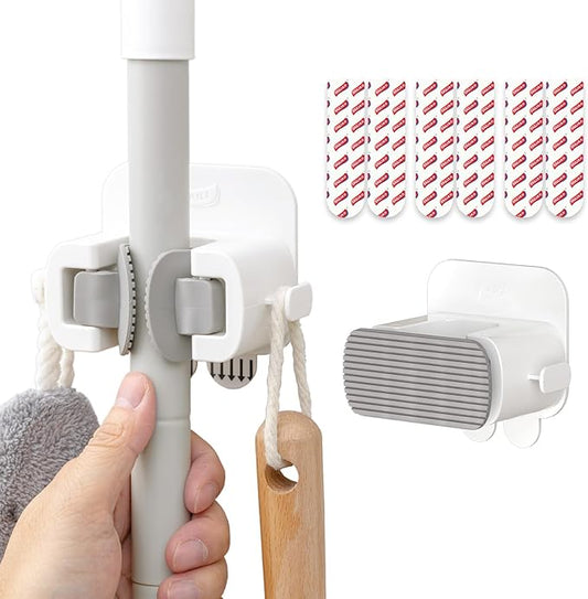 TAILI Mop and Broom Holder Wall Mount Grippers, 2 Hangers and 6 Adhesive Strips, Damage Free Hanging Wall Mount, Household Cleaning Organizer for Organization and Storage, Holds up to 4 lbs, Grey