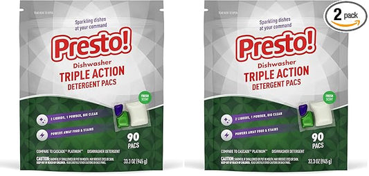 Amazon Brand - Presto! Triple Action Dishwasher Pacs, Fresh Scent, 90 Count (Pack of 2)