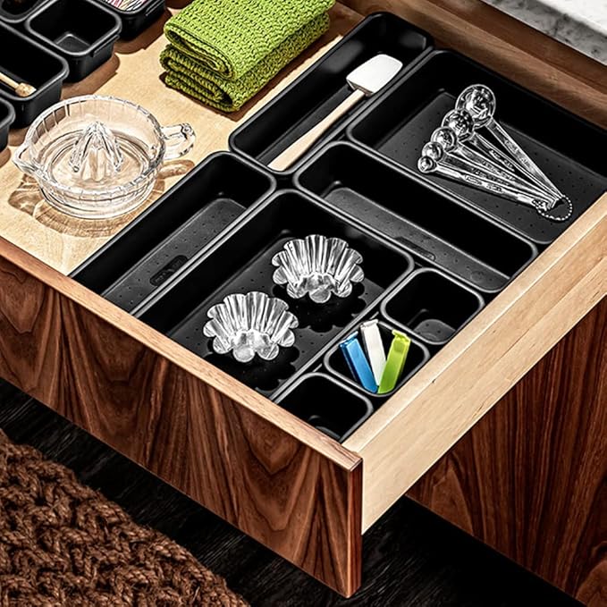 madesmart 8-Piece Interlocking Bin Pack, Customizable Drawer Organizer Set for Office Supplies, Tools, Craft Items, Durable & Easy-Clean Design, Carbon