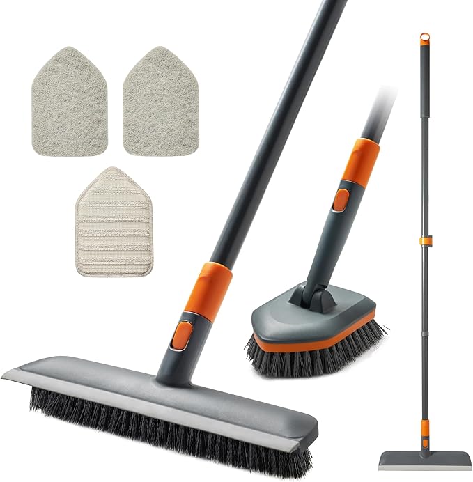 Floor Scrub Brush Tile Tub Scrubber Brush with 4 Different Cleaning Heads, Shower Brush with 56” Extendable Long Handle, Scrubbers for Cleaning Kitchen, Bathroom, Tub, Tile, Wall