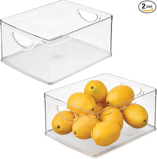 iDesign Pantry Storage Bins with Handles - Organizer Bins for Cabinets or Fridge - Set of 2 - Clear