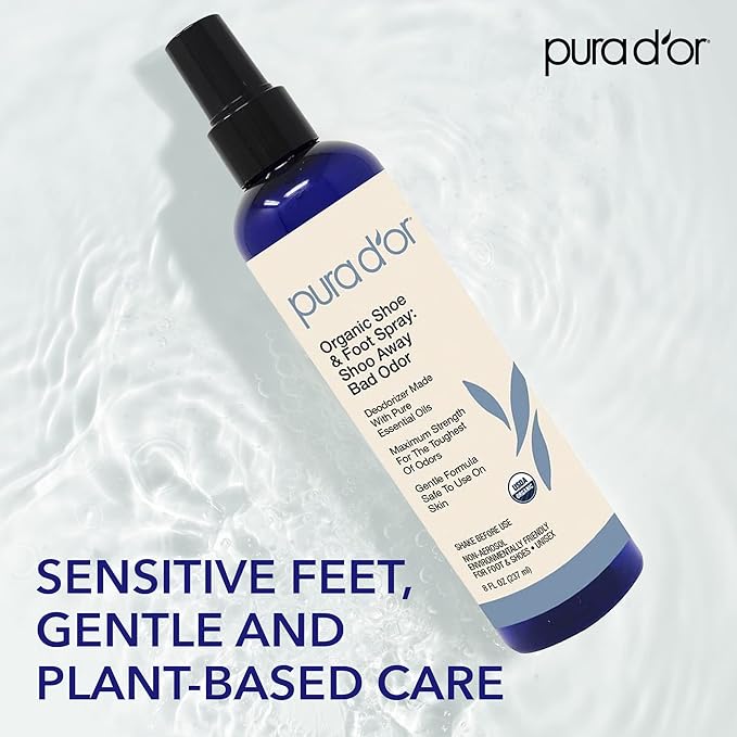 PURA D'OR Organic Shoe & Foot Odor Eliminator Spray (8oz) Deodorizes & Removes Bad Smells with Eucalyptus, Peppermint, Tea Tree, Lemongrass Essential Oil, Maximum Strength (Packaging may vary)