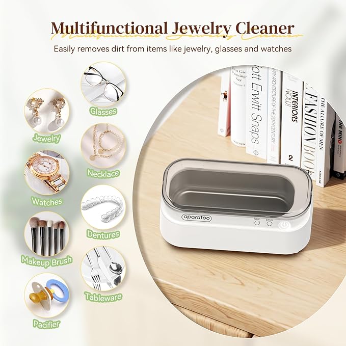 Ultrasonic Jewellry Cleaner 350ml, 47KHz Portable Professional Household Ultrasonic Cleaner Machine for Jewelry Glasses Watches Silver Rings Necklace Shavers Dentures Coins