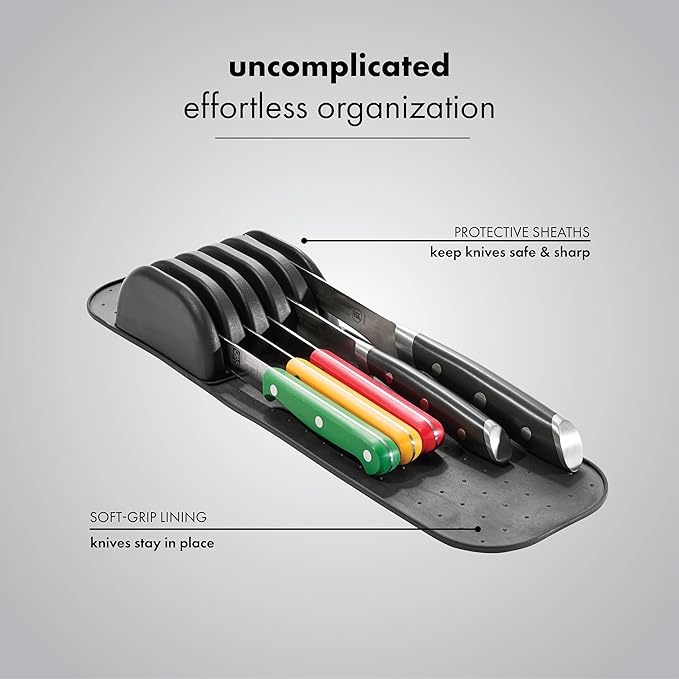 madesmart Knife Mat, Compact Soft-Grip Slot Organizer for 5 Knives, Non-Slip Drawer Insert Protects Blades and Maximizes Space, Carbon