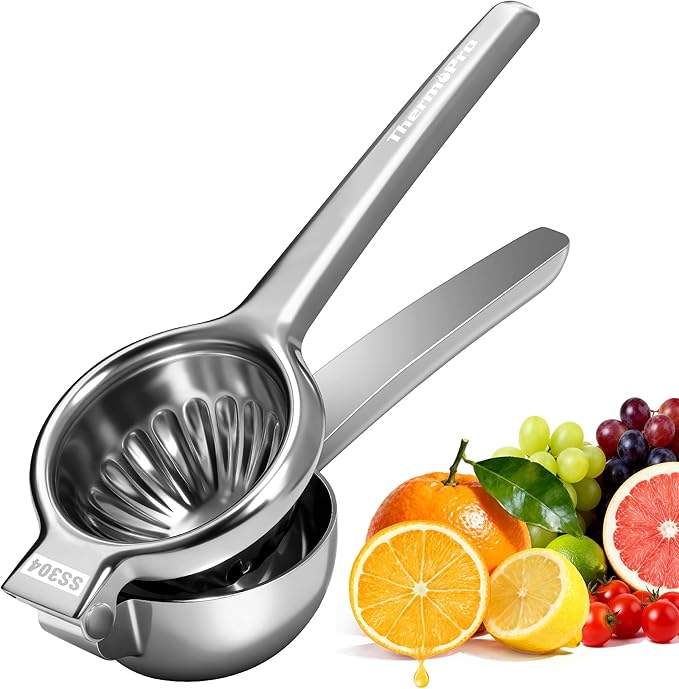 ThermoPro Lemon Lime Squeezer, 304 Stainless Steel Hand Press Citrus Juicer with Grooved Bowl & 8 Filter Holes, Heavy-Duty Hinged Handle, High Juice Yield, Easy to Use & Dishwasher Safe