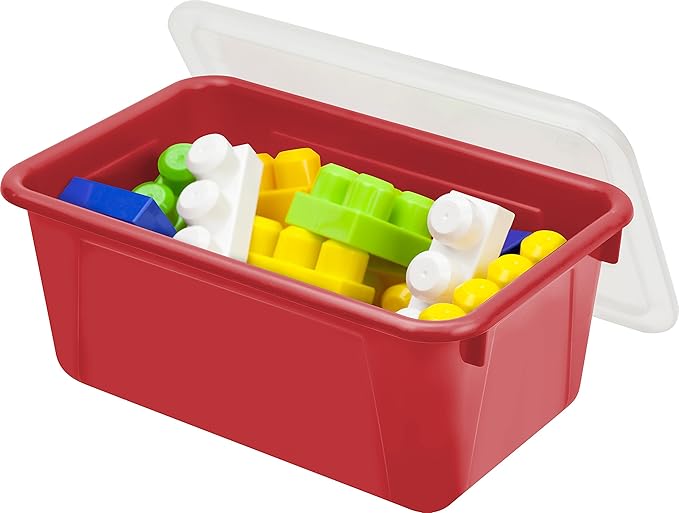 Storex Small Cubby Bins – Plastic Storage Containers for Classroom with Non-Snap Lid, 12.2 x 7.8 x 5.1 inches, Red, (62407U05C) (Pack of 5)