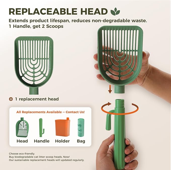 Cactus Cat Litter Scooper with Holder - 2 Replaceable Wheat Straw Plastic Shovels & ABS Handle and Box - Cat Litter Scoop with Bag & Trash Bag Storage - Premium Kitty Litter Scoop Green