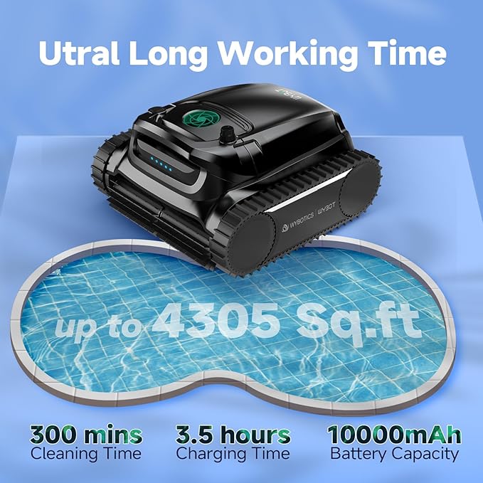 WYBOT M1 Robotic Pool Vacuum Cleaner, 7 Modes & 6 Paths, Dual Filtration, App Control, 120W Brushless Motor, 10,000mAh Battery, 300mins Runtime, Covers 4,305 Sq.Ft, Black&Green