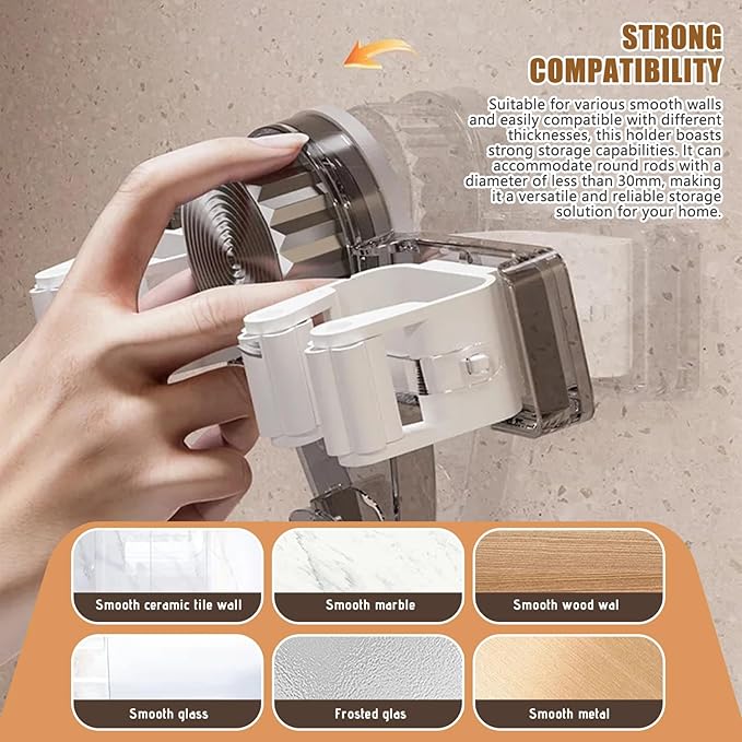 2PCS Suction Cup Broom Holder Wall Mount, No Drill Mop and Broom Organizer with Retractable Towel Rack, Transparent Bathroom Storage, ClearHome Decor