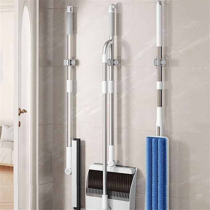 4PCS Mop Broom Holder Wall Mounted Broom Clip Mop Grippers Self-Adhesive No Drilling Racks Anti-Slip Hooks And Dustpan Hanger