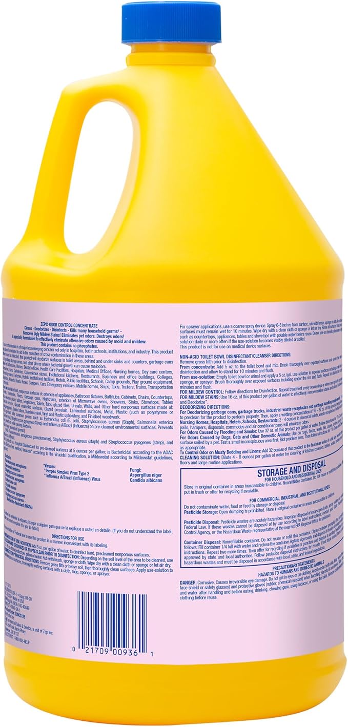 Zep Odor Control Concentrate - 1 Gallon (Case of 4) ZUOCC128 - Cleans, Deodorizes, Disinfects, Kills Many Household Germs, Removes Mildew Stains, Destroys Odors