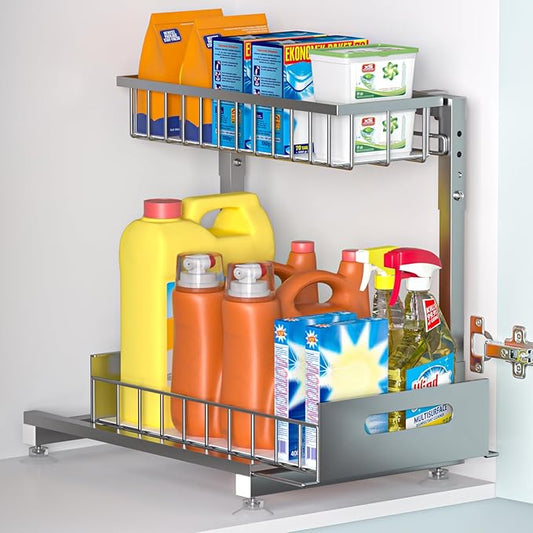 Pro Under Sink Organizer Storage: Premium Metal 2-Tier Pull-Out Wire Basket Organizer, L Shape Height Adjustable, Easy Installation | Kitchen & Bathroom Cabinet Organizers Pack 1